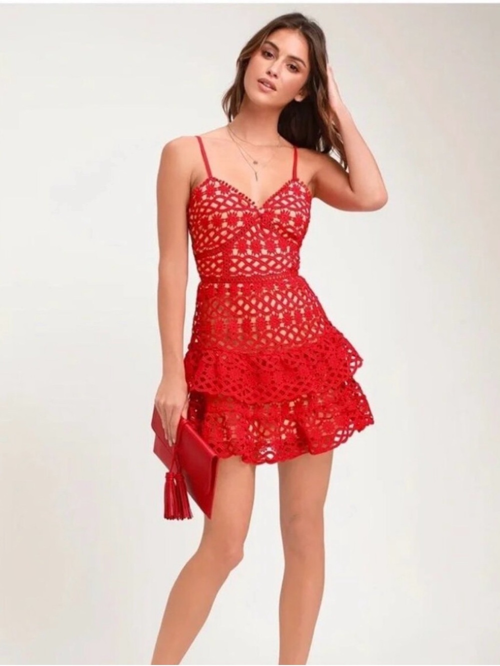 Lulus Beauty and Lace Red
Crochet Tiered Mini Dress Size
Medium